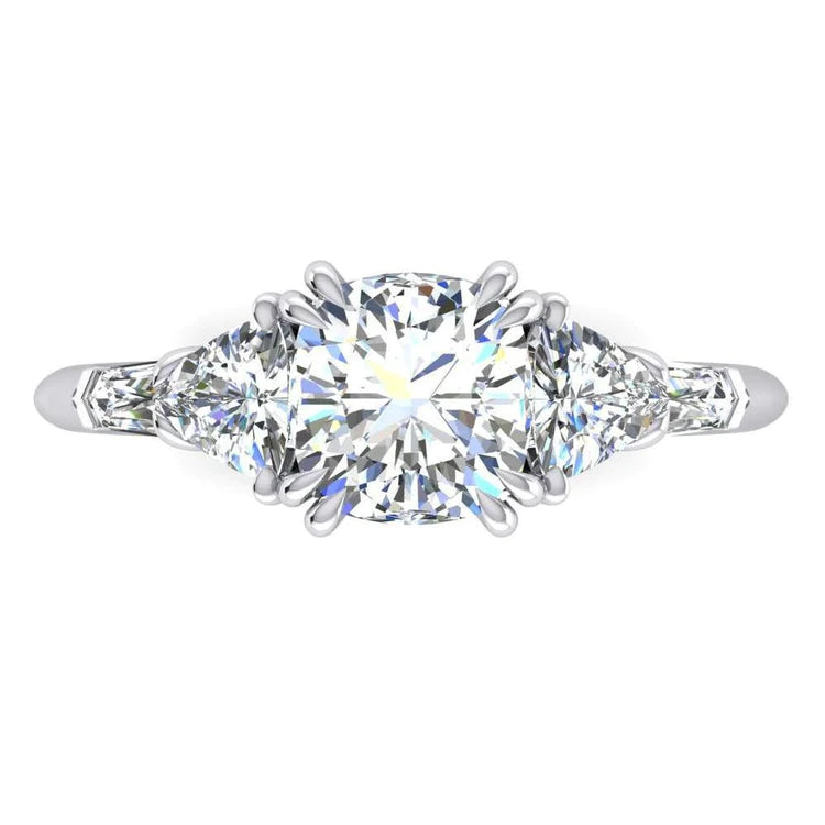 Cushion Genuine Diamond Engagement Ring 3 Carats Trillion Cut White Gold 18K