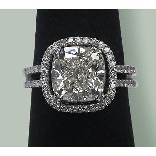 Cushion Halo Genuine Diamond Pave Ring 5.52 Carats Gold 14K
