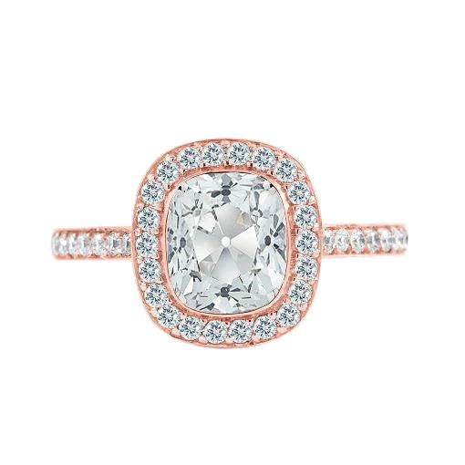 Cushion Halo Natural Diamond Old Mine Cut Ring Accented Bezel Set 3 Carats