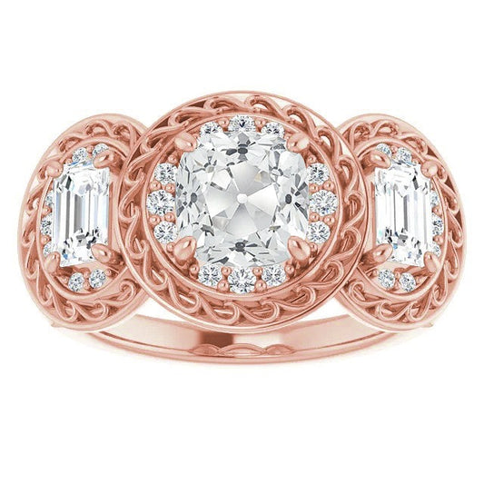 Cushion Halo Ring Real Old Mine Cut Diamond Prong Set Filigree 10.50 Carats