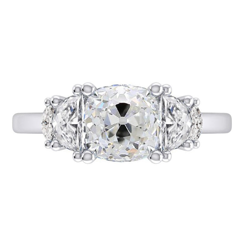 Cushion Old Cut Real Diamond Ring 4.50 Carats With Marquise & Half Moons
