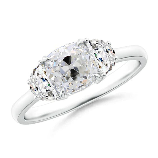 Cushion Old Cut Real Diamond Ring 4.50 Carats With Marquise & Half Moons