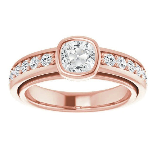 Cushion Old Cut Real Diamond Ring With Accents Prong Bezel Set 3.25 Carats