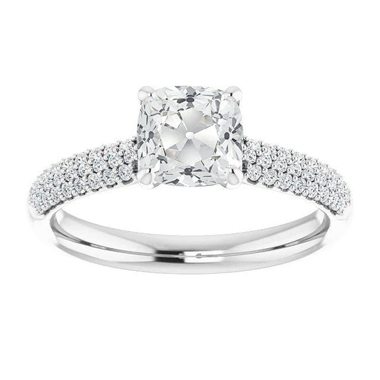 Cushion Old Cut Real Diamond Ring With Multi-Row Accents Gold 6.50 Carats - Solitaire Ring with Accents-harrychadent.ca