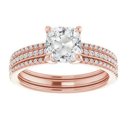 Cushion Old Cut Real Diamond Wedding Ring Set Rose Gold 9.50 Carats