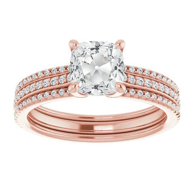 Cushion Old Cut Real Diamond Wedding Ring Set Rose Gold 9.50 Carats