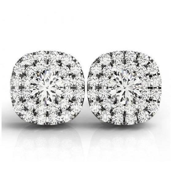 Cushion Round Center Real Diamond Halo Stud Earrings 2.60 Carat WG 14K