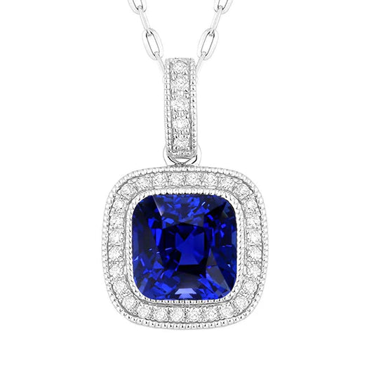 Blue Sapphire Cushion Stone Pendant Necklace in 14 Karat White Gold – main view