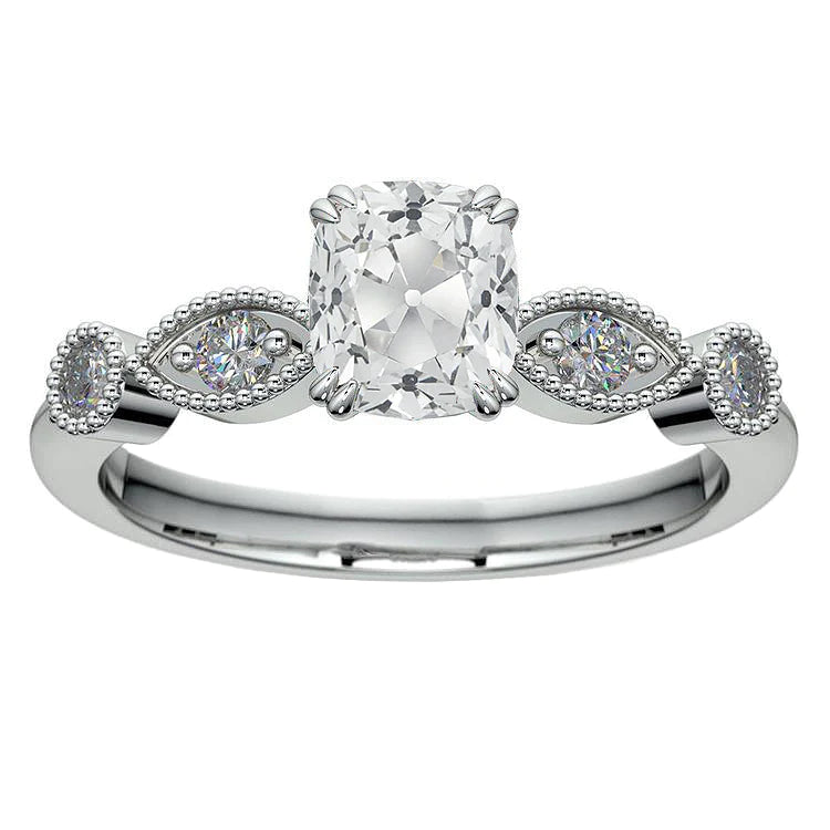 Cushion Shaped Real Diamond Old Miner Cut Ring Accented 3.75 Carats Milgrain