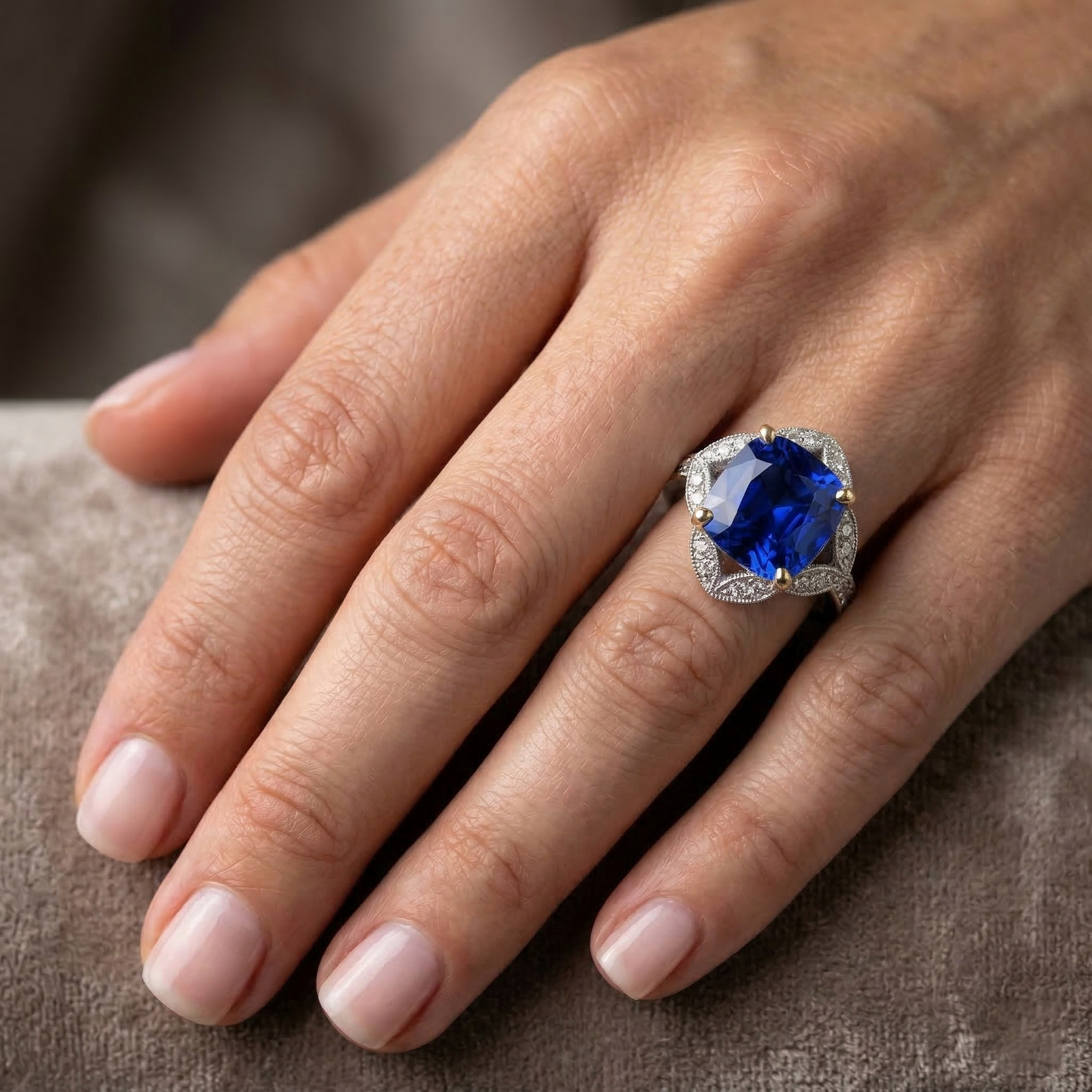 Cushion Sri Lanka Sapphire Natural Earth Mined Diamond ( Not Lab Grown ) s Ring 5.66 Ct. Two Tone Gold