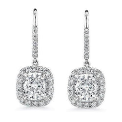 Cushion & Round 5 Carats Natural Diamonds Dangle Earrings White Gold 14K