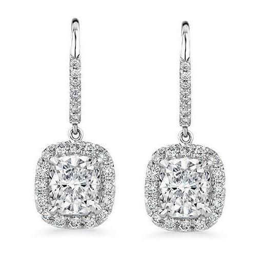 Cushion & Round 5 Carats Natural Diamonds Dangle Earrings White Gold 14K