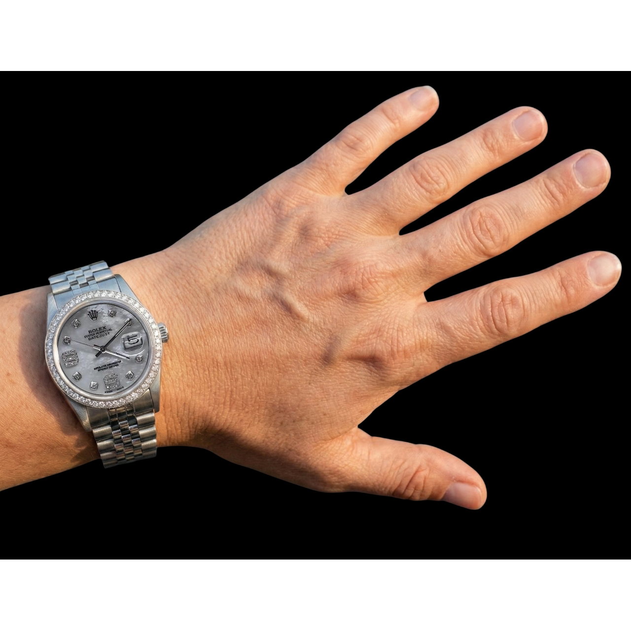 Custom Diamond Bezel Mop Dial Rolex date just Gents Watch Ss Bracelet QUICK SET