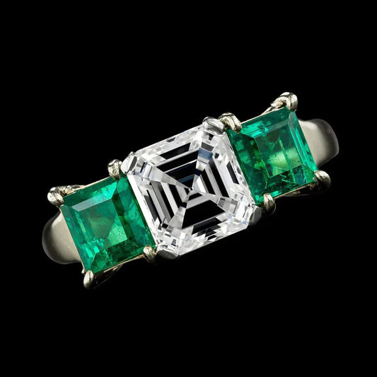 Custom Jewelry Real Asscher Diamond Emerald Ring 3 Stone