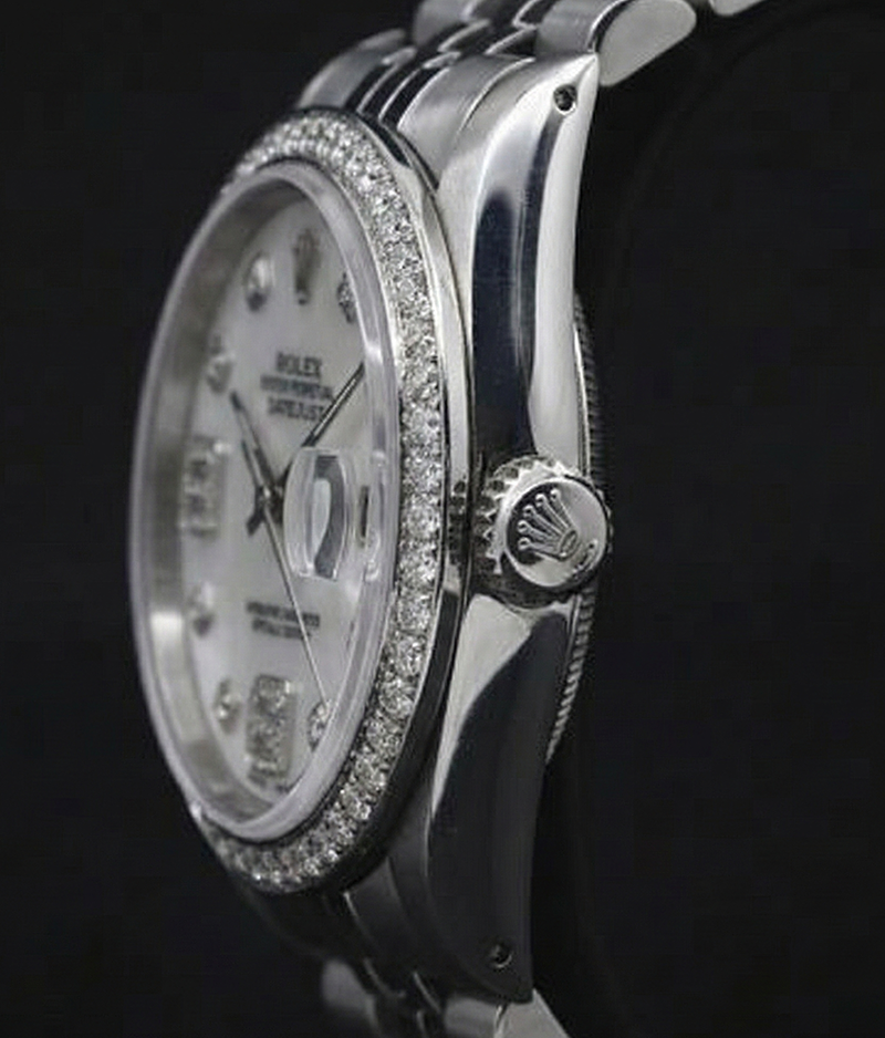 Custom Diamond Bezel Mop Dial Rolex date just Gents Watch Ss Bracelet QUICK SET