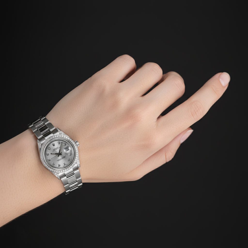 Custom Diamond Bezel Rolex Midsize No Date 31 Mm Watch Ss P2