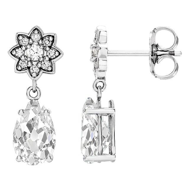 Dangle Earrings Pear Old Miner & Round Real Diamonds 7.50 Ct. Star Style