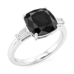 Dark Diamond Engagement Ring 3.6 Carat Real Cushion Black Baguette Three Stone 14K White Gold