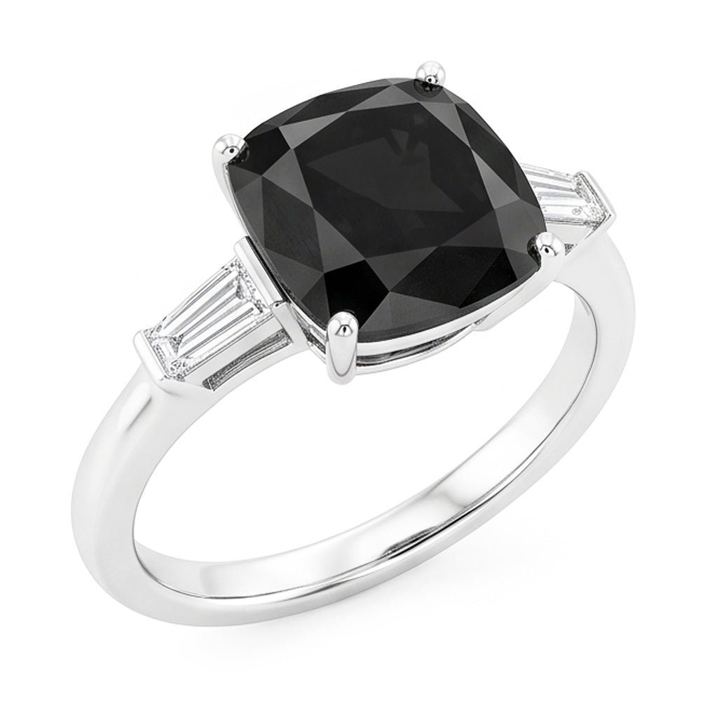 Dark Diamond Engagement Ring 3.6 Carat Real Cushion Black Baguette Three Stone 14K White Gold