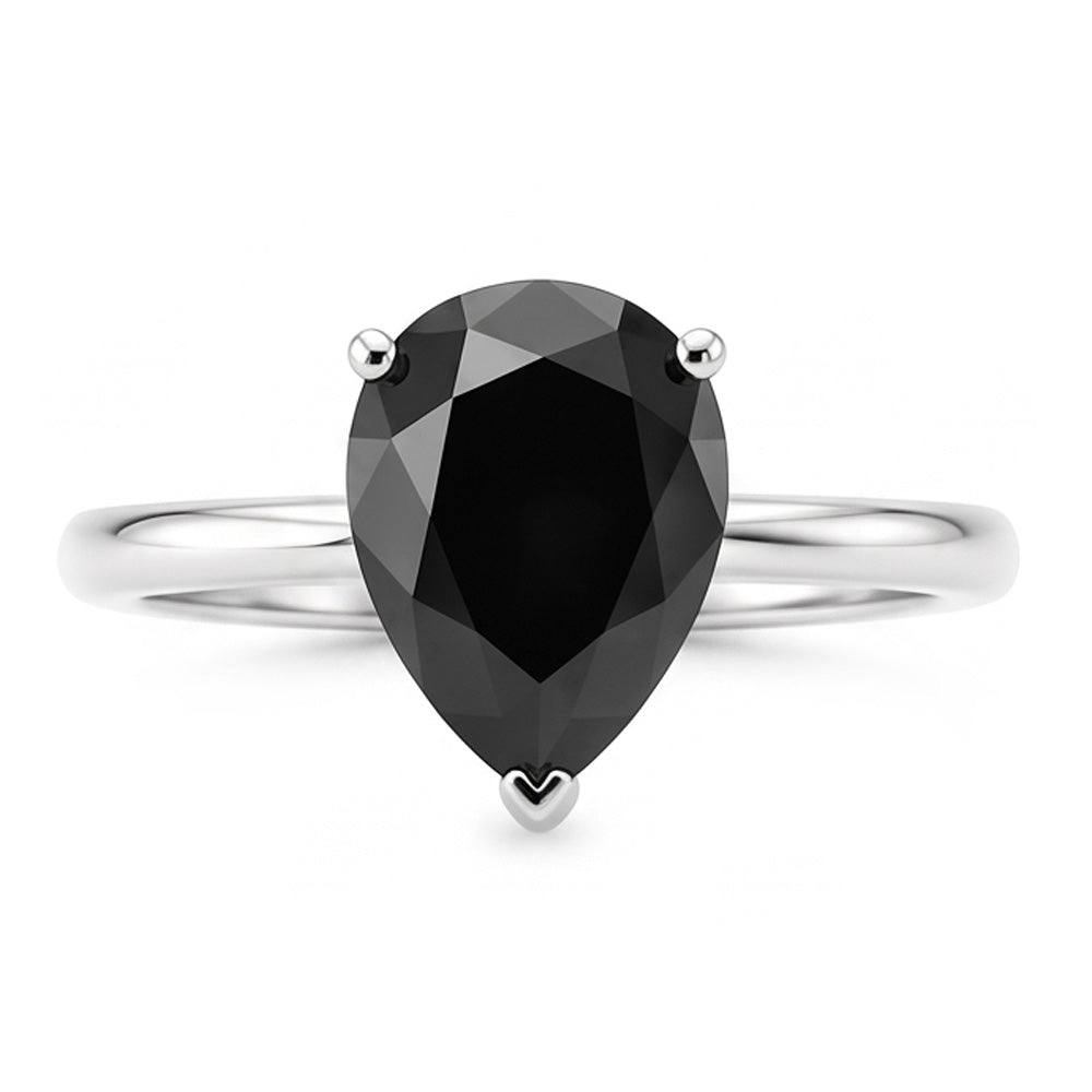 Dark Diamond Engagement Ring 5 Carat Real Pear Black Solitaire Tapered 14K White Gold