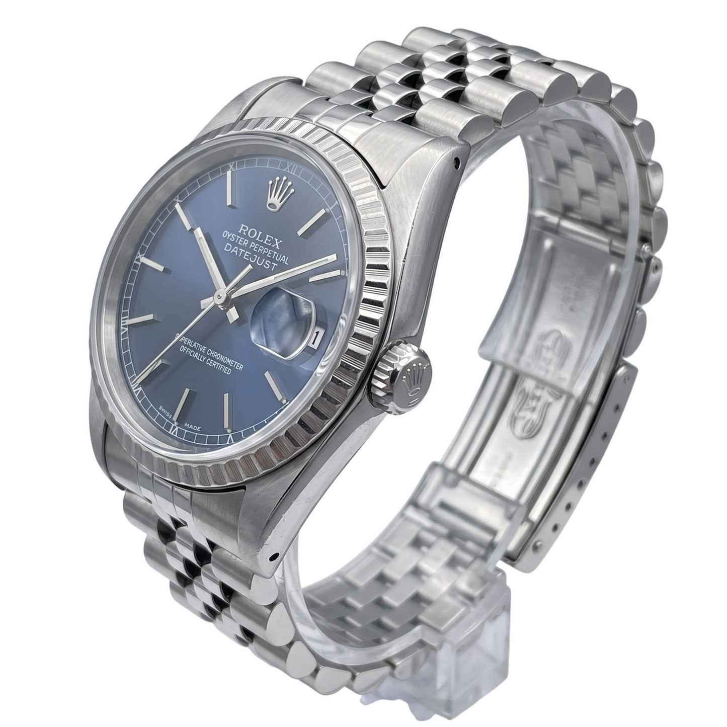 Date Just Rolex Mens Watch Blue Stick Dial Ss Datejust QUICK SET