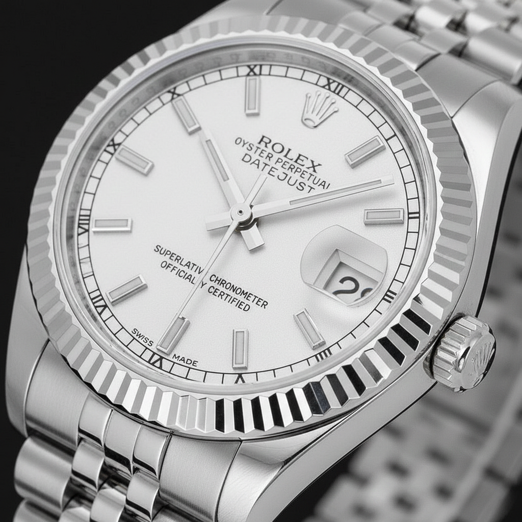 Date-just 31mm Rolex White Gold Fluted Bezel Watch