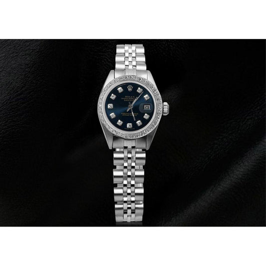 Date Just Rolex Blue Diamond Dial Bezel Ladies Watch Jubilee Bracelet