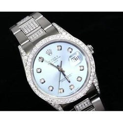 Date Rolex 34 Mm Watch Iced Out Custom Diamonds Blue Dial Bezel Ss