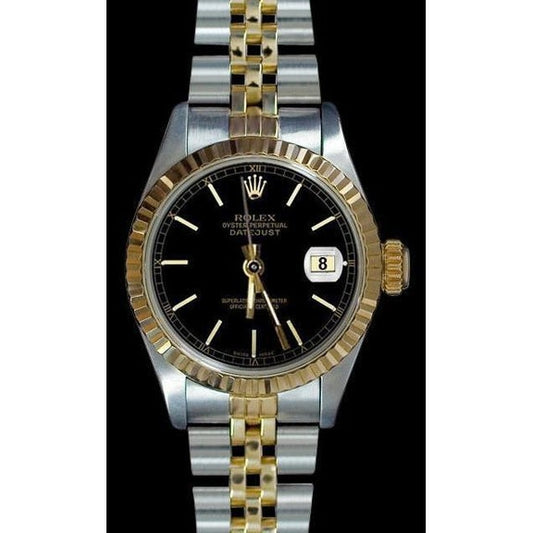 Lady Rolex Watch Black Stick Dial Ss & Yellow Gold