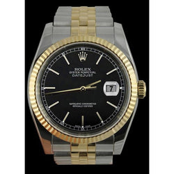 Datejust Men Watch Black Stick Dial Two Tone Jubilee Bezel Rolex QUICK SET