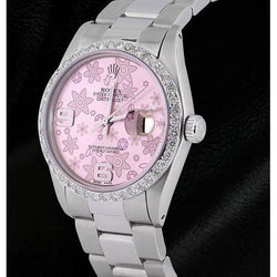 Datejust Rolex Ss Men Watch Pink Flower Dial Diamond Bezel