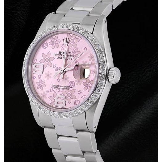 Rolex Ss Men Watch Pink Flower Dial Diamond