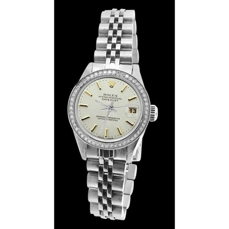 Rolex White Stick Dial Ss Diamond Bezel