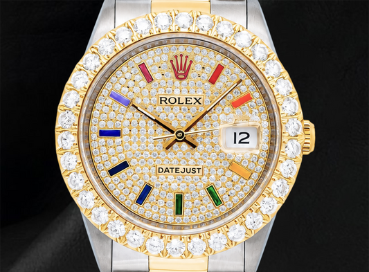 Datejust 16013 Rolex Diamond Paved Rainbow Hour Dial 36mm Watch Two Tone