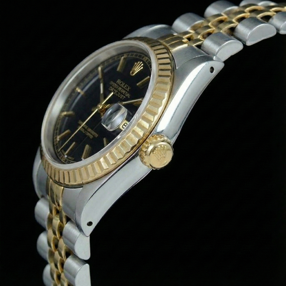 Datejust Lady Rolex Watch Black Stick Dial Ss & Yellow Gold