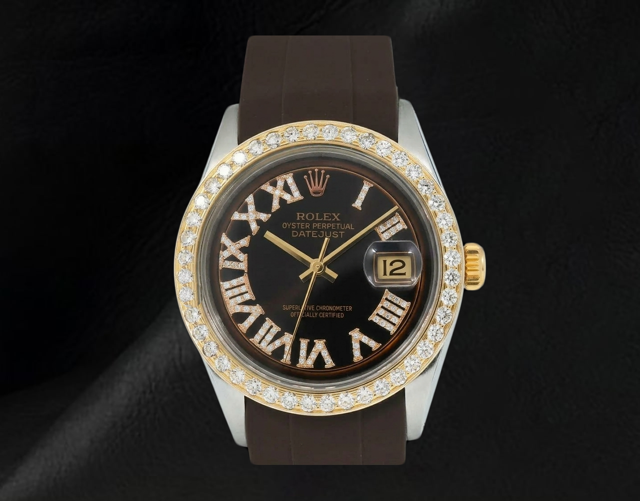 Datejust Rolex 1601 Chocolate Roman Diamond Dial Rubber Strap Watch