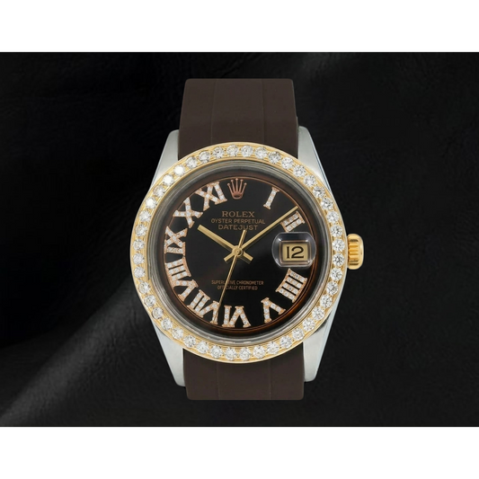 Datejust Rolex 1601 Chocolate Roman Diamond Dial Rubber Strap Watch