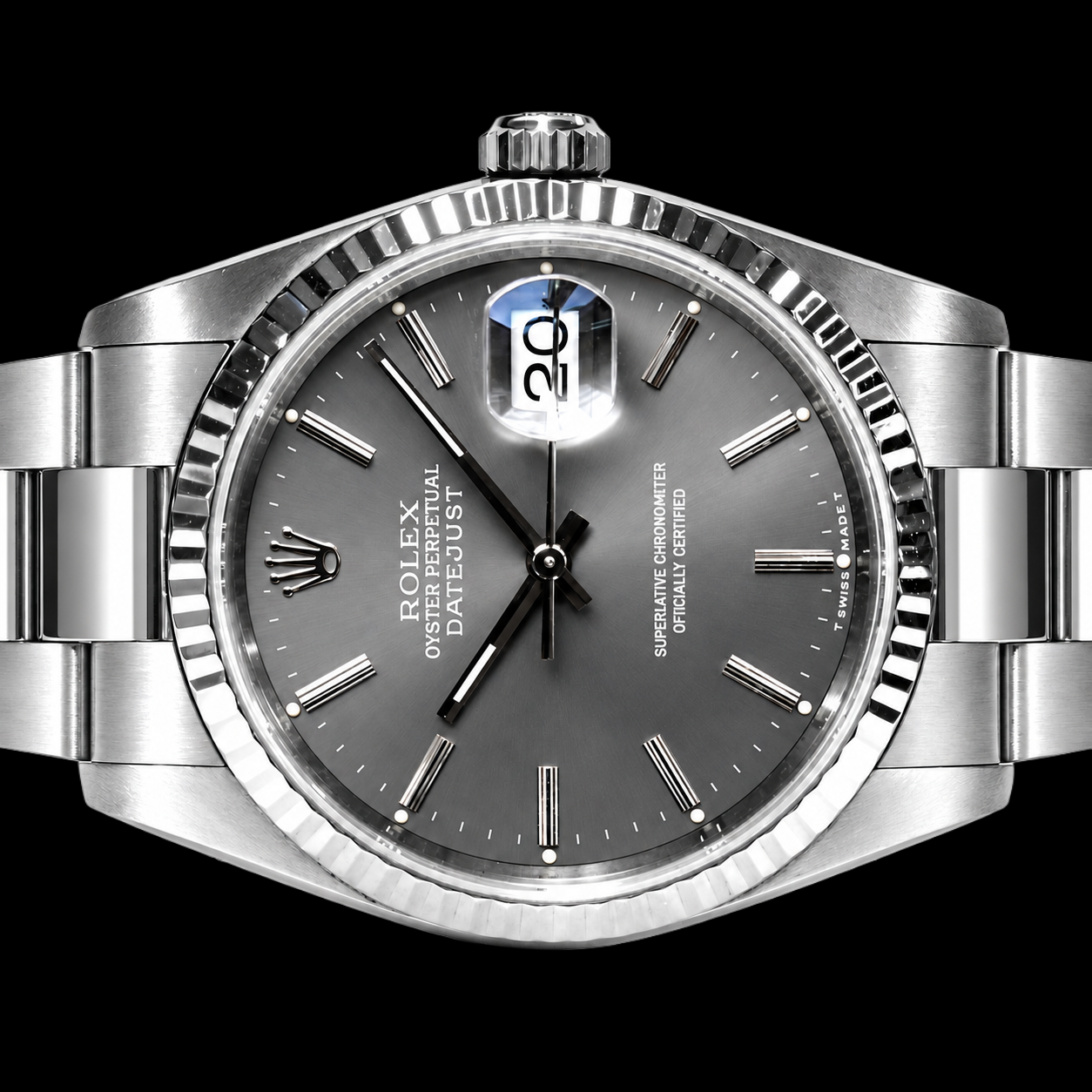 Datejust Rolex 36mm Gray Stick Dial Stainless Steel Watch Oyster Bracelet