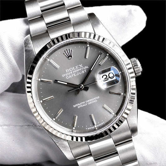 Datejust Rolex 36mm Gray Stick Dial Stainless Steel Watch Oyster Bracelet