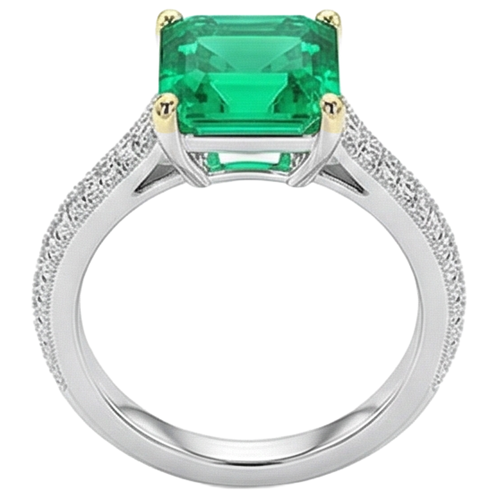 Emerald Step Cut Gemstone Ring in Two-Tone 14K Gold – front view