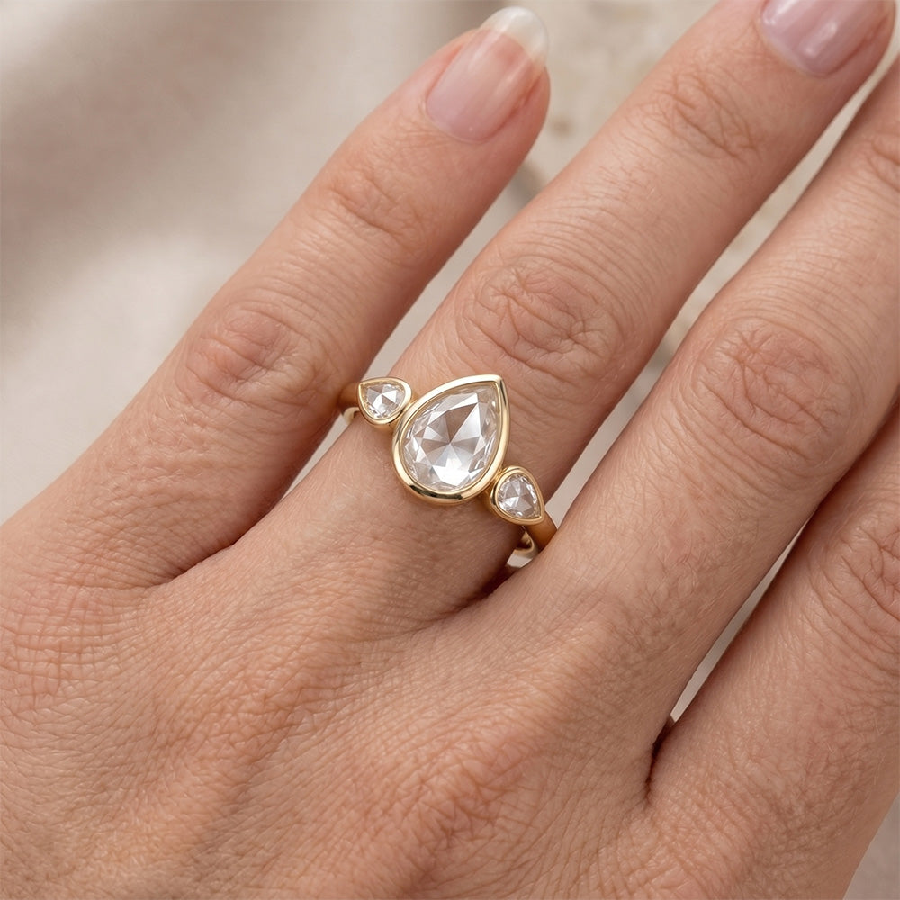 Diamond Rose Cut 3-Stone Ring 1.50 ct in 14 Karat Yellow Gold