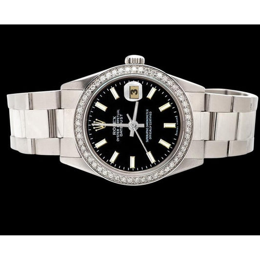 Bezel Datejust Watch Black Stick Dial Ss Oyster Rolex