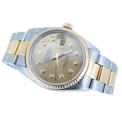 Diamond Dial Rolex Datjust Watch Ss & Gold Bracelet Fluted Bezel