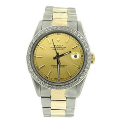 Diamond  Rolex Date Just Watch Champagne Stick Dial Oyster Ss & Go QUICK SET