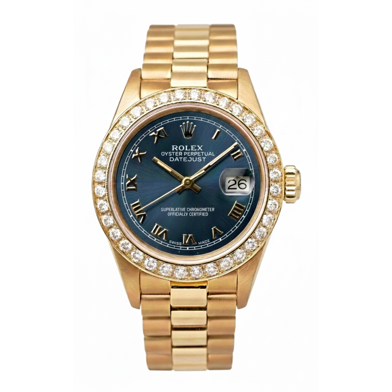 Diamond Bezel Blue Roman Dial Rolex Yg President Style Watch Dj