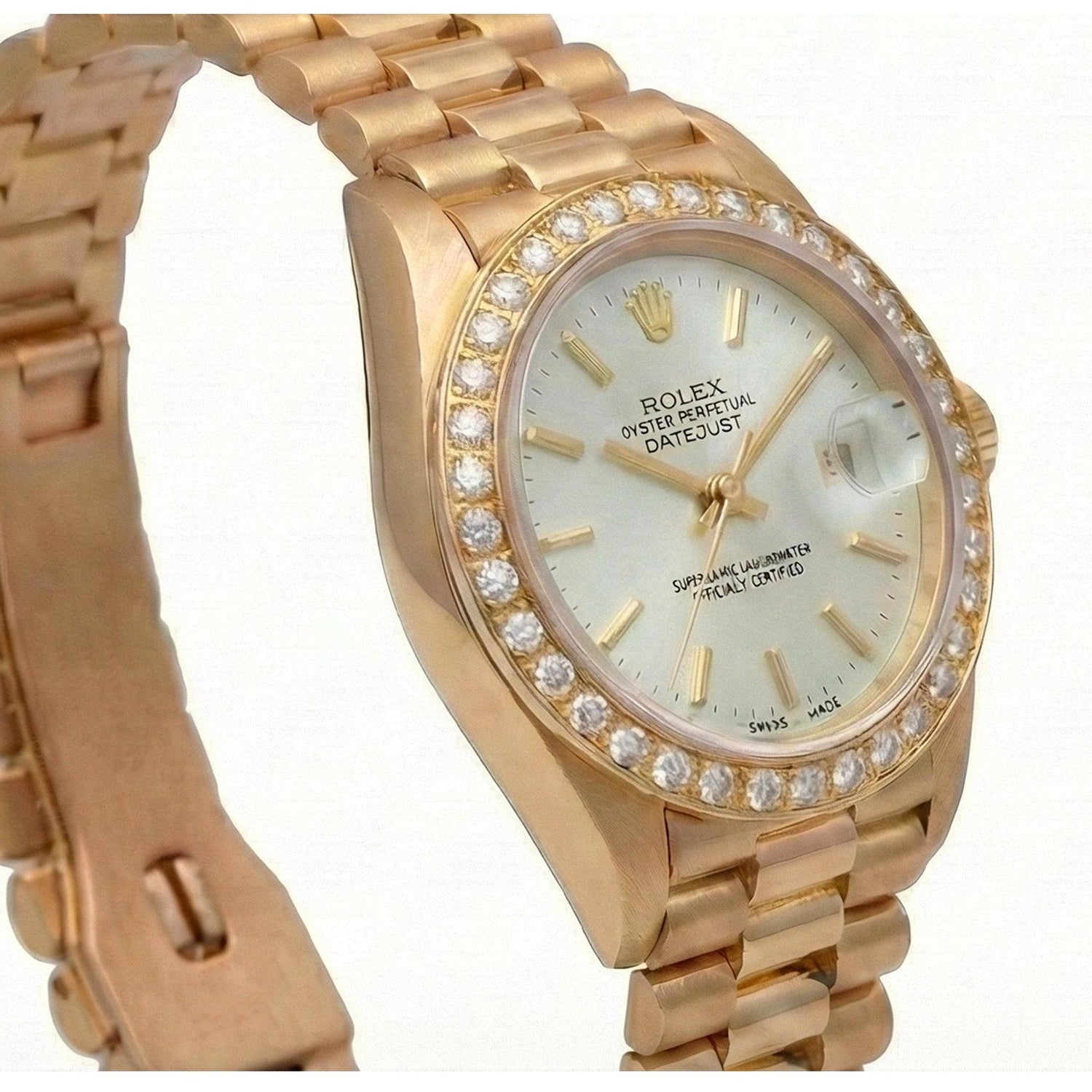 Diamond Bezel Rolex Dj Presidential Style Watch White Stick Dial Yellow Gold