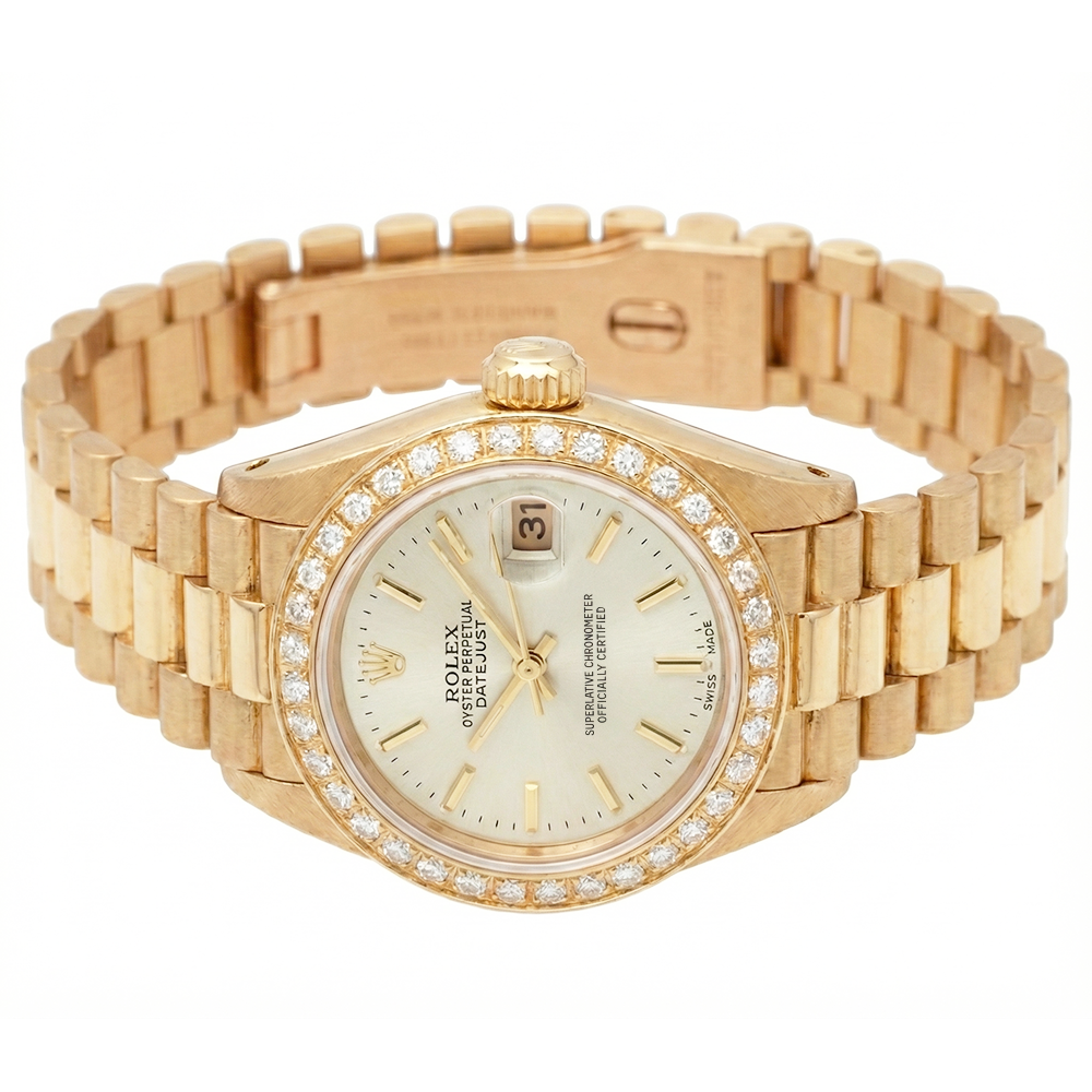 Diamond Bezel Rolex Dj Presidential Style Watch White Stick Dial Yellow Gold