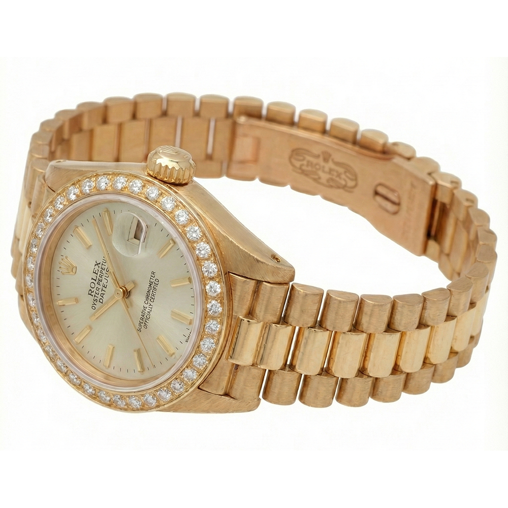 Diamond Bezel Rolex Dj Presidential Style Watch White Stick Dial Yellow Gold