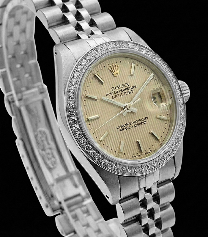 Diamond Bezel Ss Tapestry Stick Dial Rolex Ladies Datejust Watch