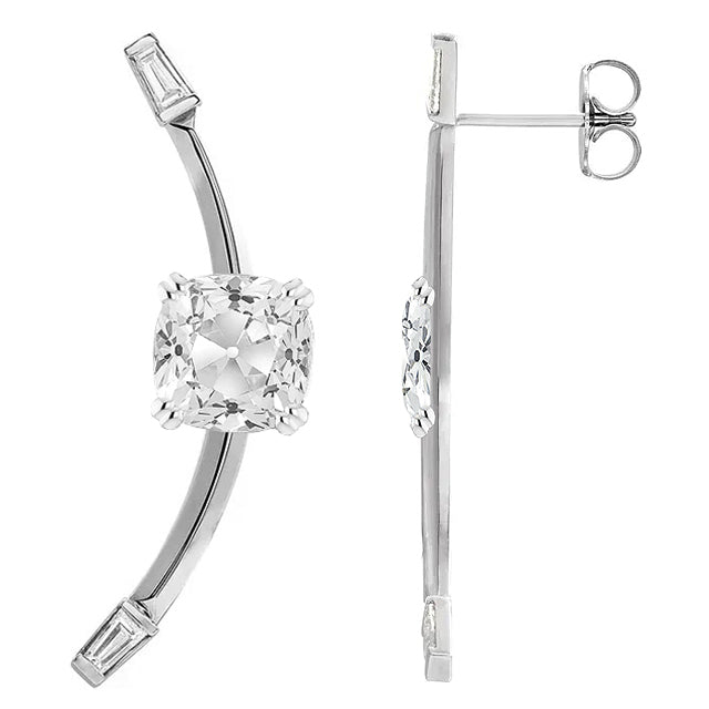 Real Diamond Drop Earrings White Gold Cushion Old Miner & Baguette Cut